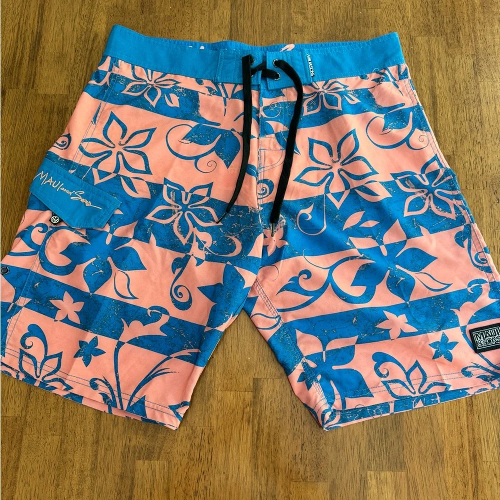 NWT Maui and Sons 4 Way Stretch Board Shorts SZ 34 Navy Banzai